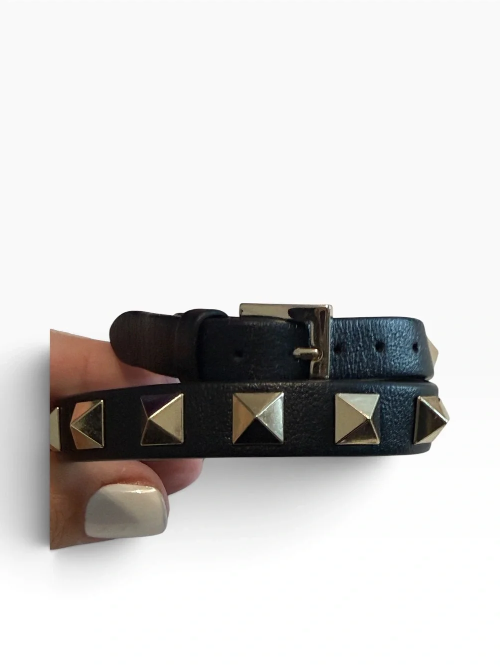 NWT! Valentino Garavani Black Leather Double Wrap Gold Studded Bracelet with Box
